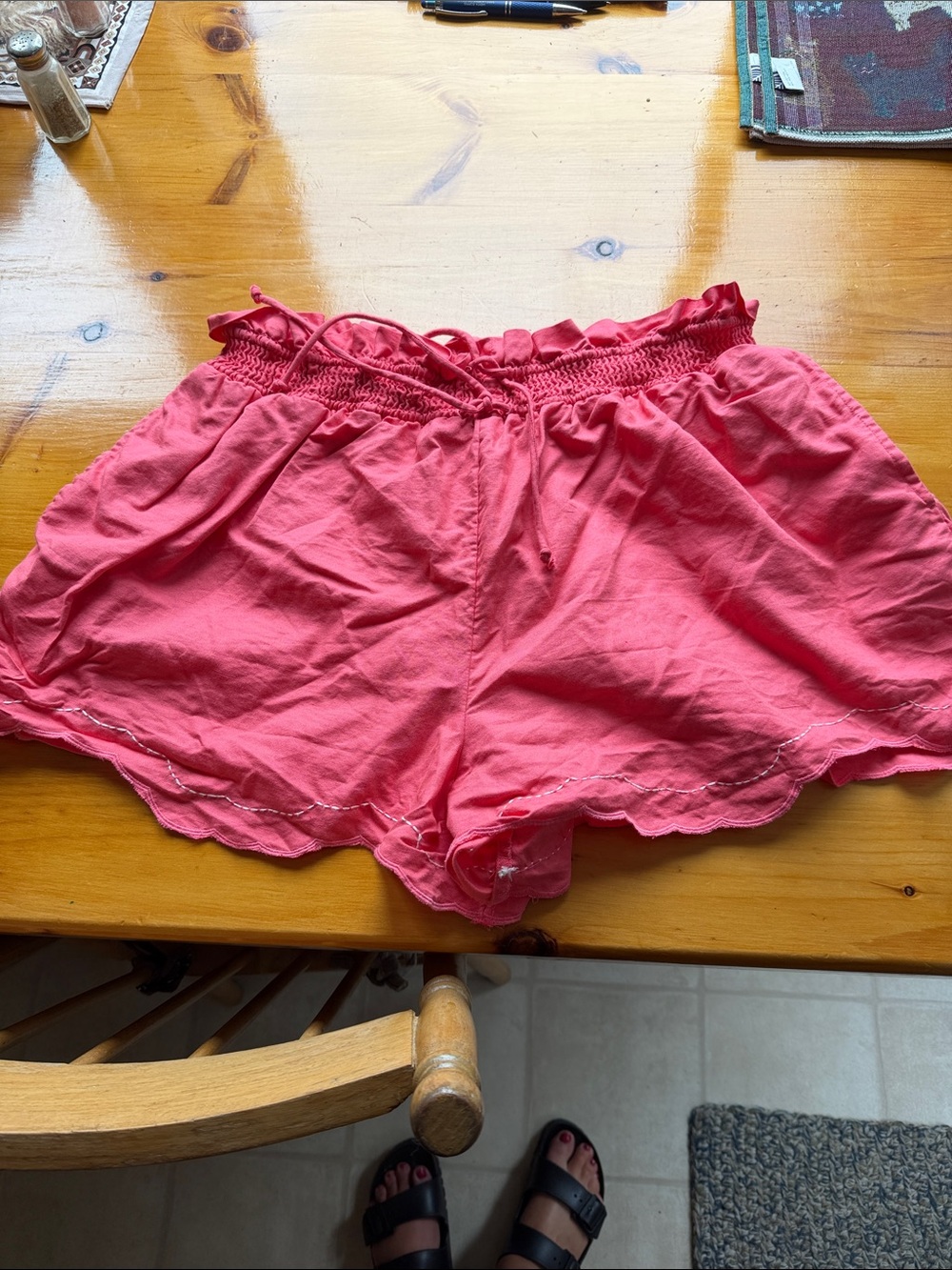 Anthropologie Coral Smocked High-Waist Scalloped Shorts
